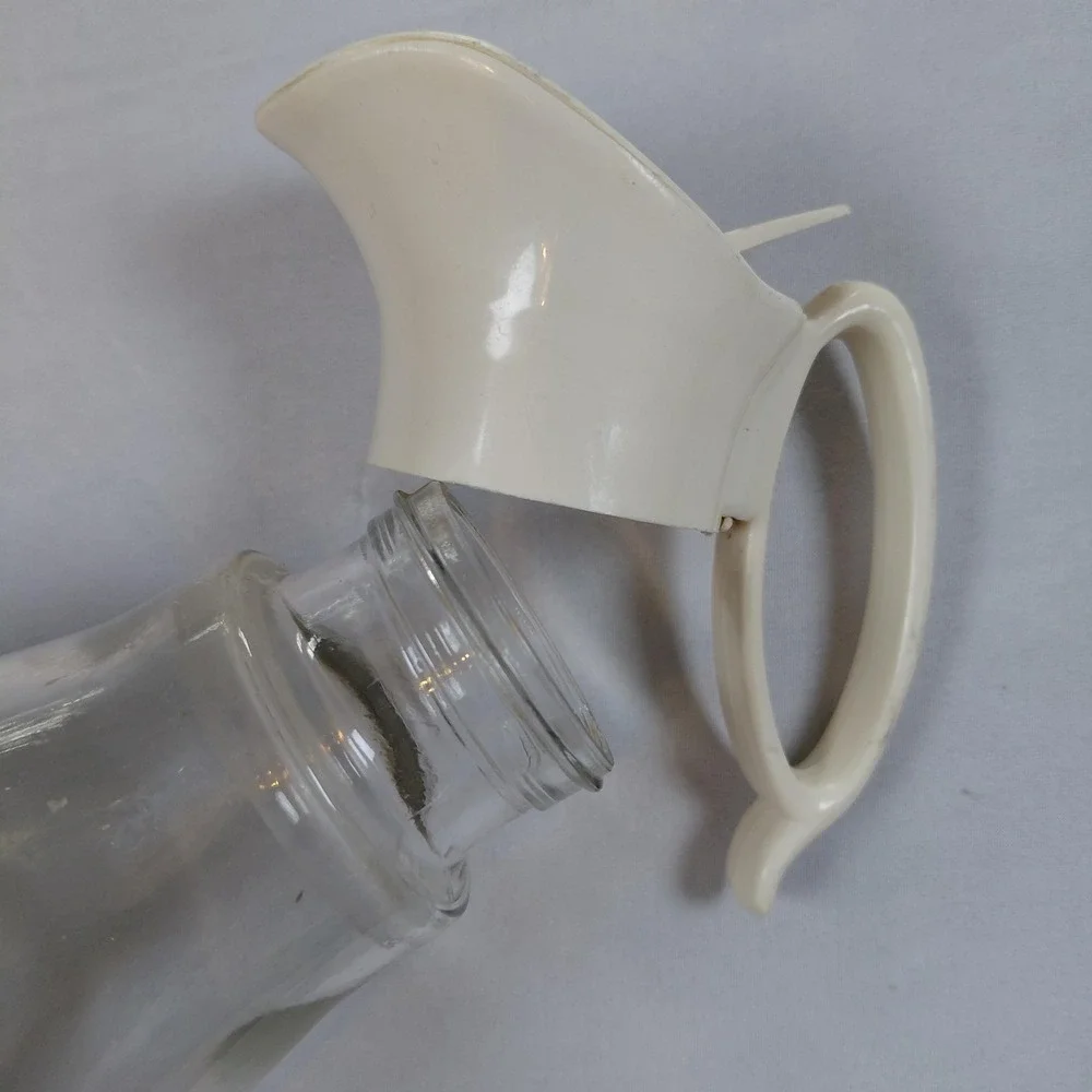 Vintage Log Cabin Syrup Pitcher Glass Dispenser Gold Atomic Starburst